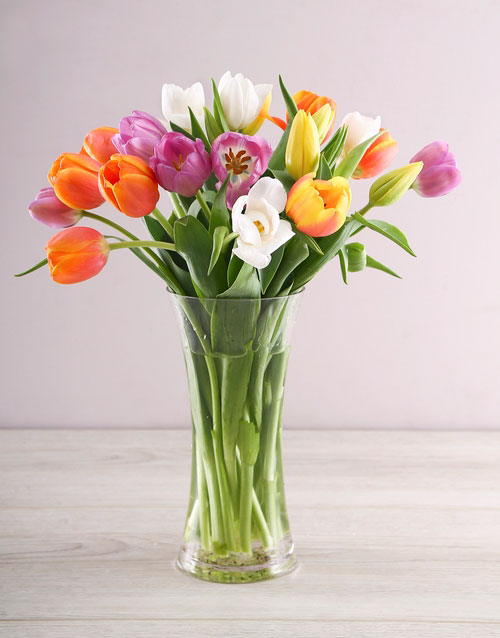Rainbow Tulips in Clear Flair Vase