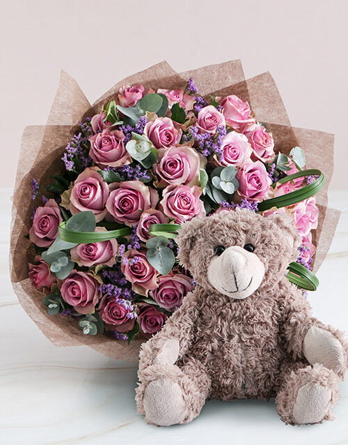Lovely Lilac Rose Bouquet And Teddy