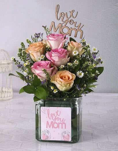 Love You Mom Peach And Pink Rose Vase