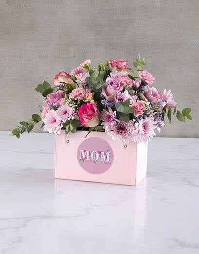 Moms Mixed Flowers In Pink Handbag Box