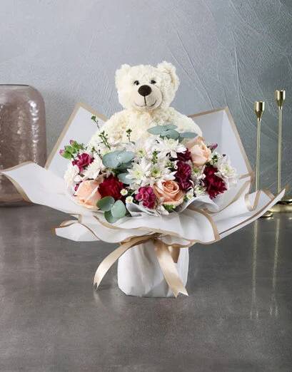 Cute Mixed Flowers With White Teddy