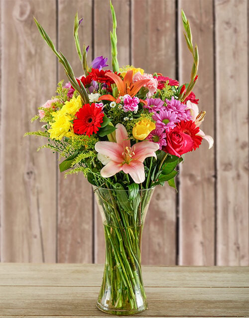 Glass Vase Of Colourful Flowers (Small)