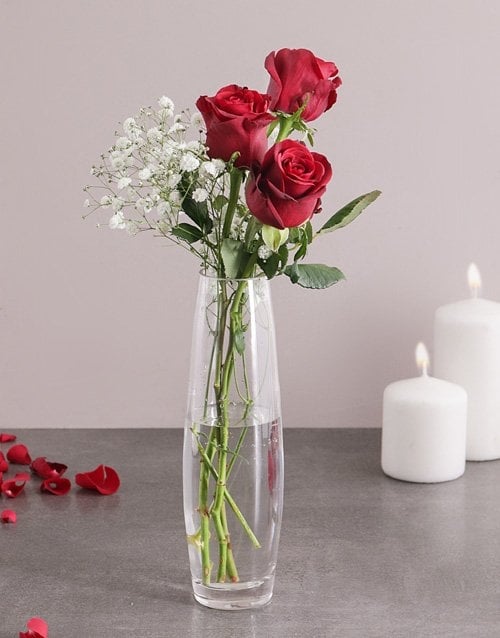 3 Red Roses In A Vase