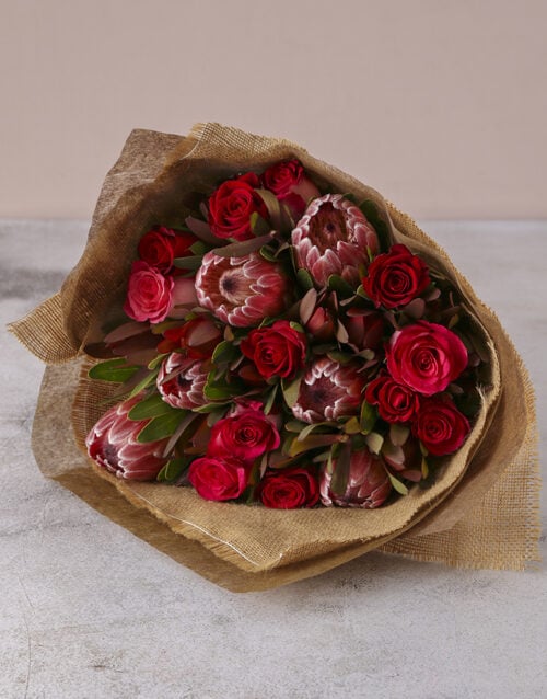 Red Rose & Protea Medley Bouquet (Small)