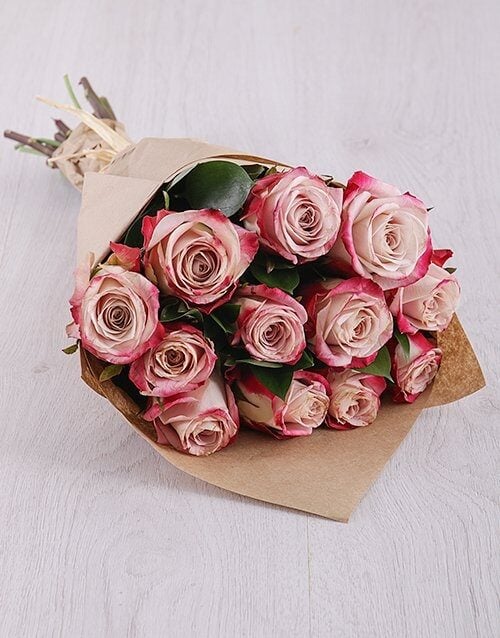 Variegated Pink Roses In Craft Paper (12 Roses)
