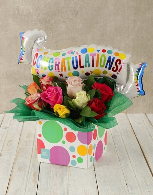 Congratulations Mixed Rose And Balloon Box (12 Roses)