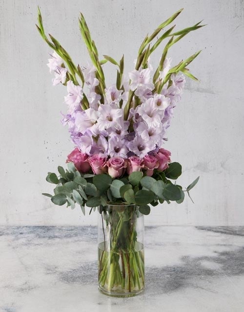 Purple Gladioli with Roses and Gum Leaves