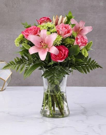 Pretty In Pink Lilies And Cerise Roses In A Vase (Small)