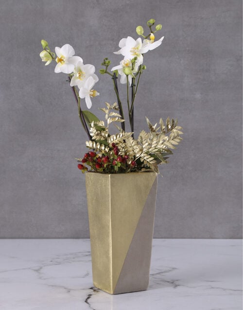 Opulent Orchids In Gold Vase (Standard)