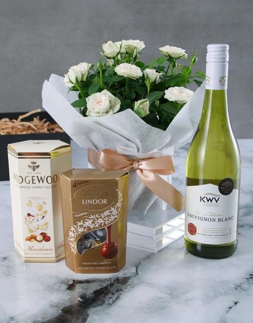 White Rose Bush With Chocs And Wine