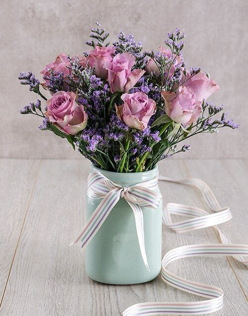 Lilac Roses In Mint Ceramic Vase