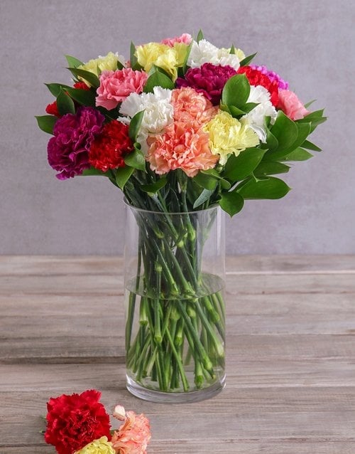 Mixed Carnations In A Tall Glass Vase (Standard)