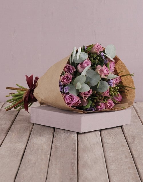 Lilac Roses And Gum Leaf Bouquet (12 Roses)