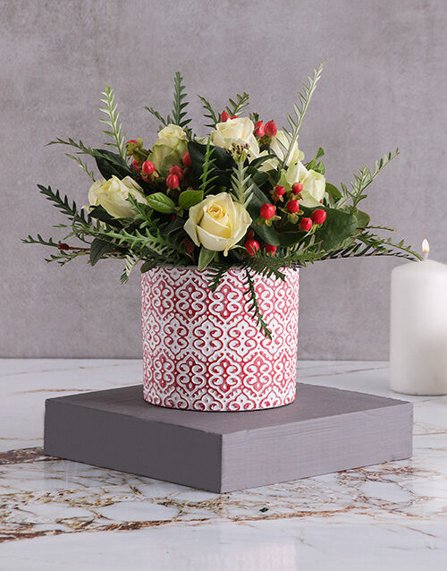 White Roses and Hypericum in Ceramic