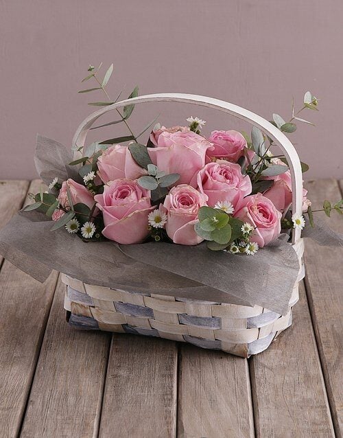 Basket Of Pink Roses