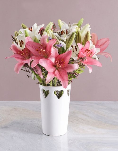 Asiflorum Lilies In Heart Pattern Vase