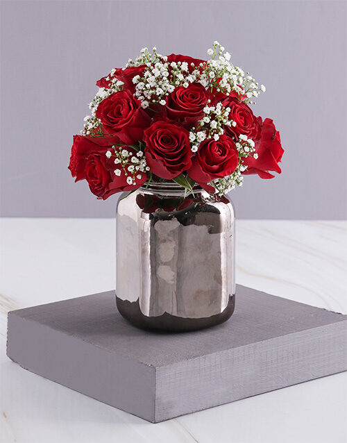 Tender Red Roses In Bronze Vase