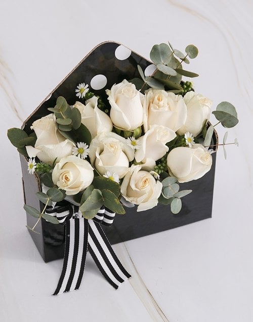 Cream Roses In Black Envelope