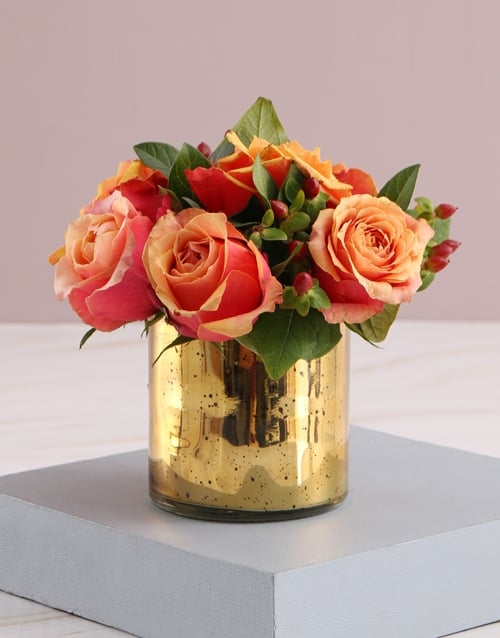 Cherry Brandy Roses in Golden Vase