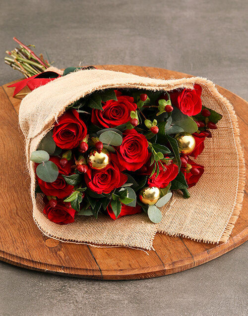 Red Roses with Golden Baubles (12 Roses)