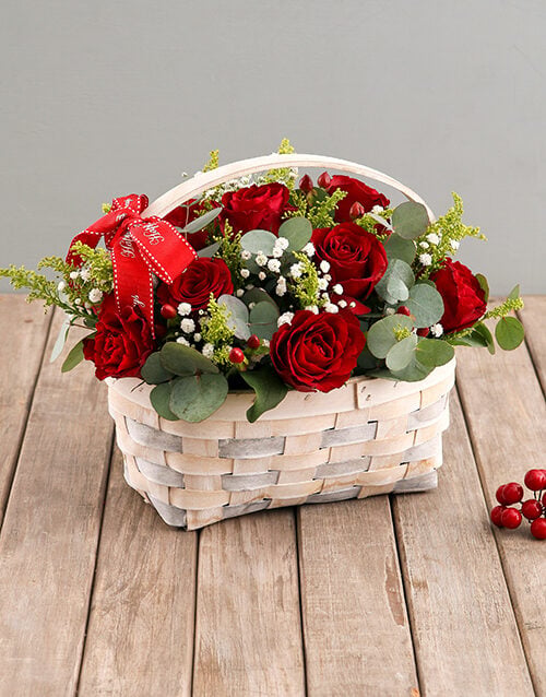 Red Roses in Wooden Basket