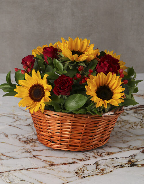 Cheerful Sunflowers and Roses in Wooden Basket