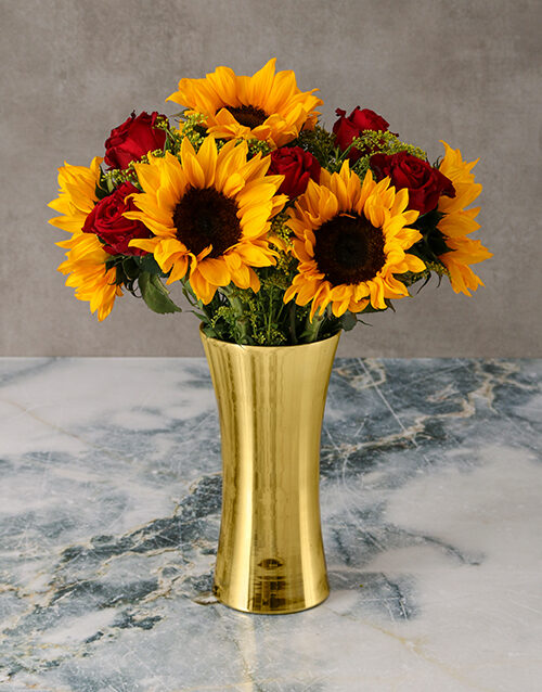 Glowing Sunflowers and Roses in Golden Vase