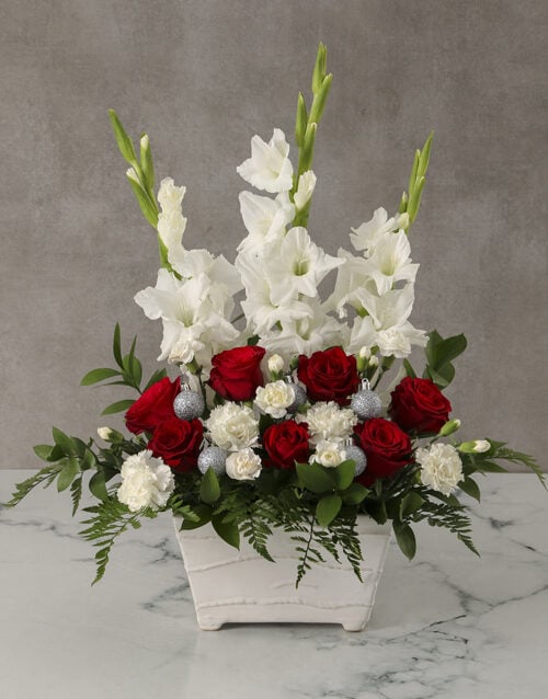 Festive White and Red Gladioli Arrangement
