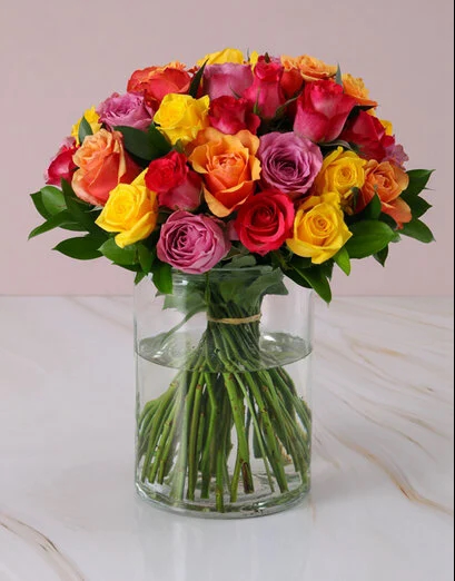 Majestic Mixed Roses In Cylinder Vase