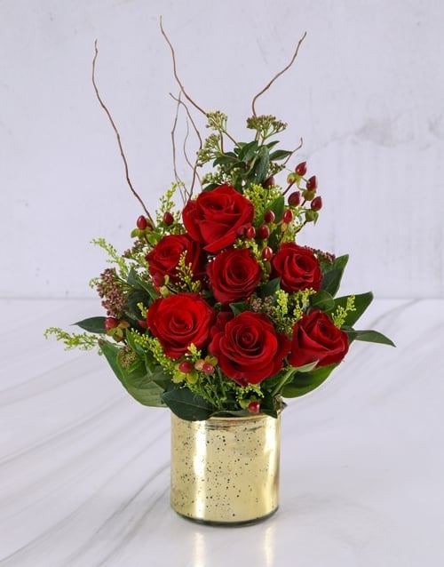 Grand Golden Red Roses Arrangement