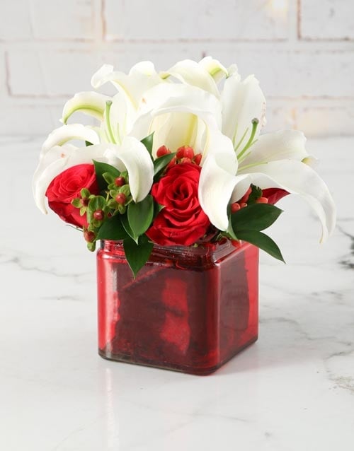 Red And White Rose And Lily Arrangement (Standard)