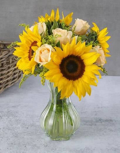 Sunflowers And Peach Roses Vase