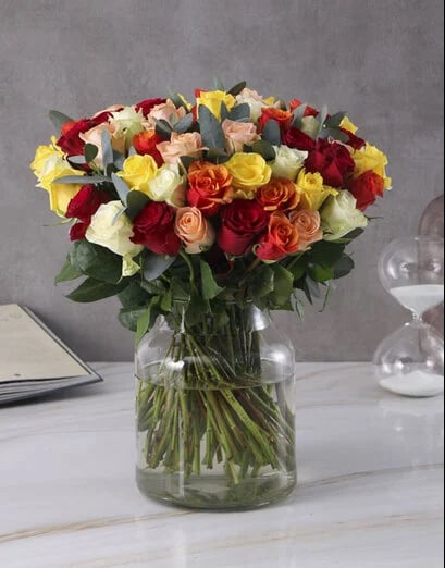Half Century Mixed Roses In Bell Vase