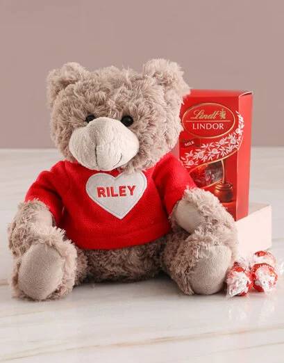 Personalised Heart Hugs Teddy And Lindt Hamper