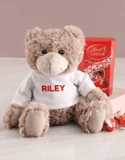 Personalised Teddy In Red And Lindt Hamper