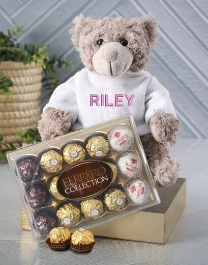 Personalised Embroider Teddy And Chocolate Hamper