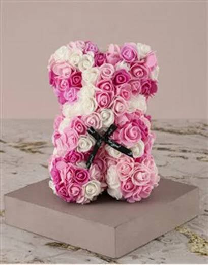 Pink And White Foam Rose Teddy In Case