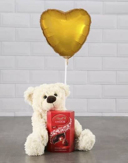 Cream Teddy And Gold Balloon Hamper (Chocolate)