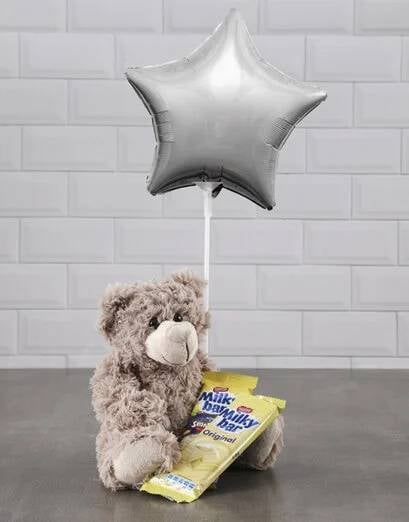 Brown Teddy And Silver Star Balloon Hamper (Chocolate)