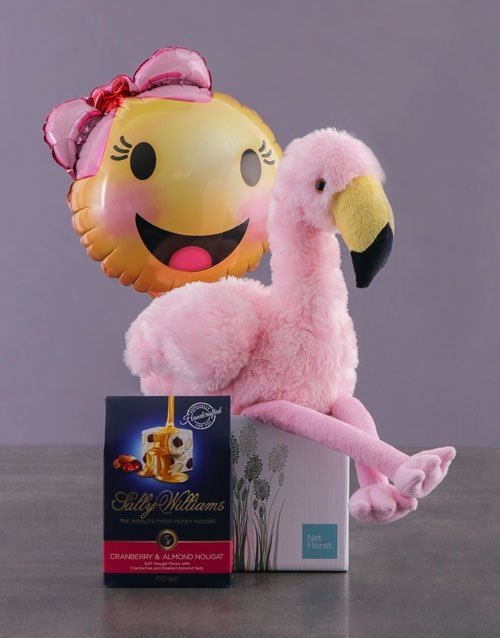 Fluffy Flamingo In Box With Balloon