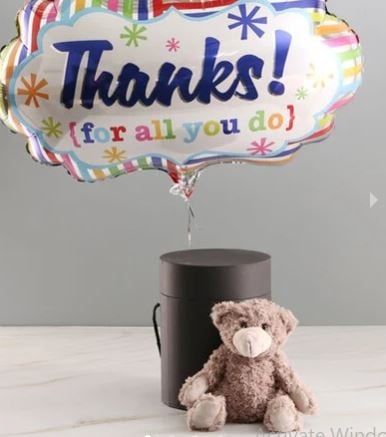 Thank You Balloon With Teddy Bear In Hat Box