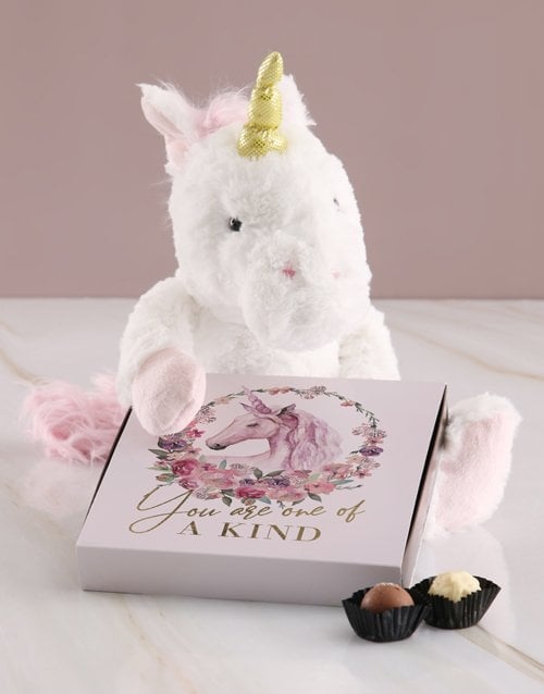 One Of A Kind Unicorn Teddy With Chocolate Tray
