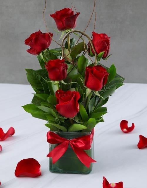 Red Roses In Square Vase