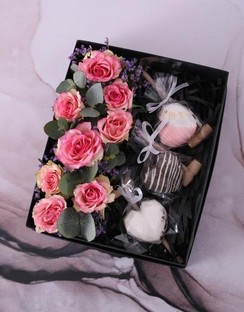 Variegated Roses And Heart Chocolates In Box