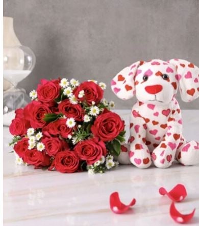 Oh So Lovely Puppy And Rose Bouquet