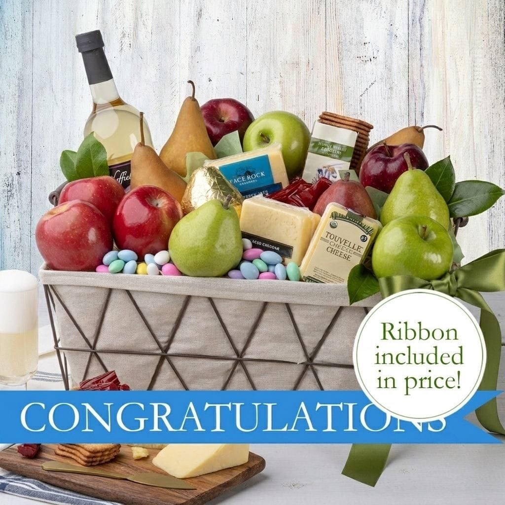 Congratulations Cheese & Fruit Basket with Congratulations Ribbon