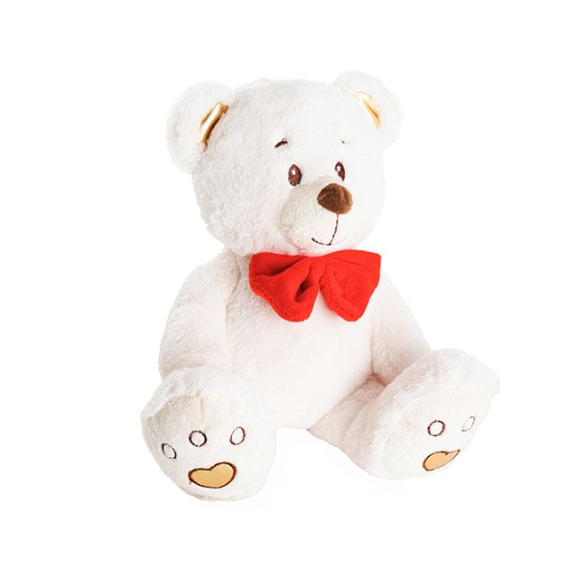 Quincy Love Bear w Red Bow Gold & White (25cmST)