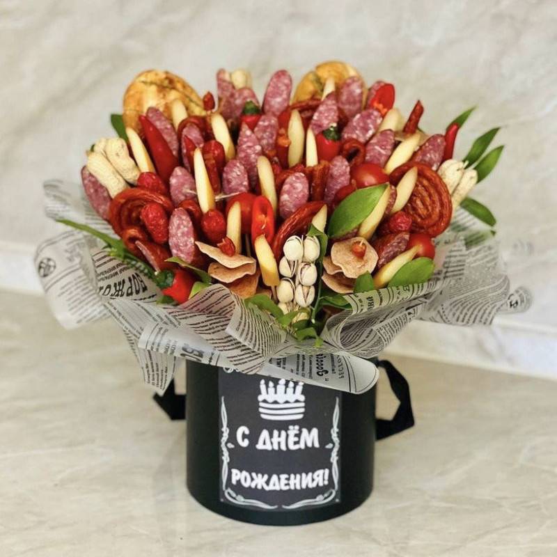 A,bouquet,of,sausage,and,snacks,for,a,man's,birthday