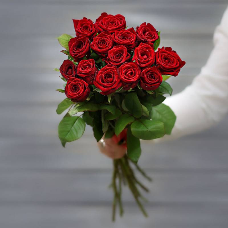 Buket,iz,13,krasnih,roz,(Rossiya),s,lentoj,60,cm