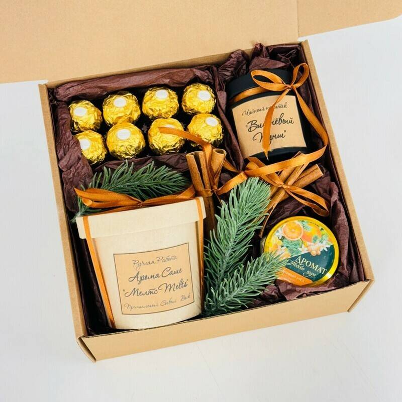Podarochnij,nabor,so,sladostyami.,CHaj,elitnij,,cream,myod,,confetti,Ferrero,Roshe,,aroma,sashe,melts